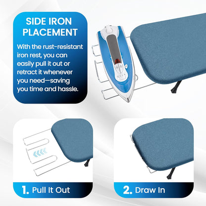 Skiennix Metal Mesh Panel Ironing Board - Foldable Heavy-Duty Design with Heat-Resistant Cover & 100% Cotton Pad (Blue)
