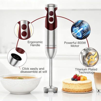 MegaWise Pro 3-in-1 Immersion Hand Blender - Powerful 12-Speed Motor, Titanium Reinforced Blades, Red