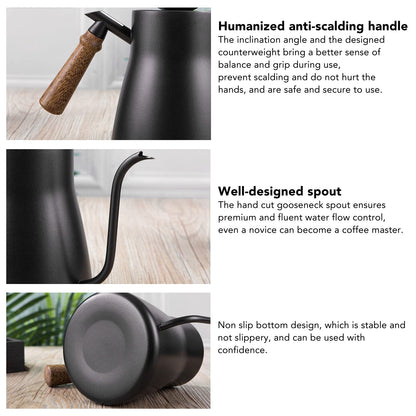 Pour over Coffee Kettle, Tea Kettle with Thermometer Stovetop Gooseneck Kettle Induction Stainless Steel Gooseneck Kettle Coffee Pot with Wood Handle 850ml