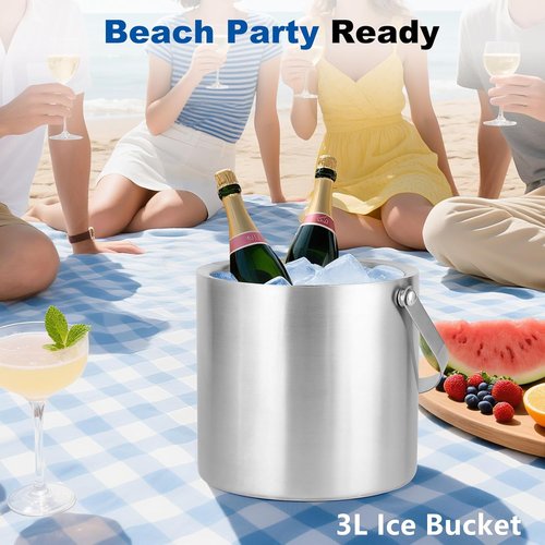 3L Stainless Steel Ice Bucket – Double-Wall Insulated Cooler Keeps Ice Frozen Longer for Wine, Champagne & Beer,Includes Lid, Handle, Tong & Scoop