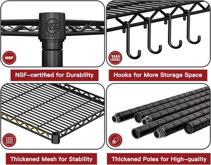 PrimeZone Wire Metal Storage Shelves - Heavy Duty 5-Tier Adjustable Organizer Rack | NSF-Certified Steel, 35.5" W x 14" D x 72" H, Black