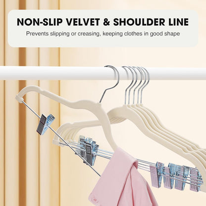 Skiennix 24-Pack Beige Velvet Hangers - Adjustable, Heavy-Duty, Non-Slip Design for Space Saving
