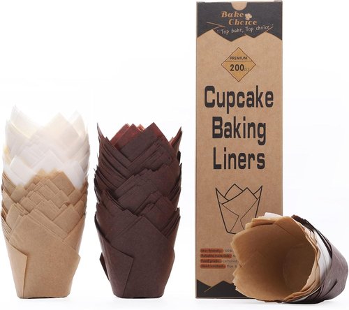 Bake Choice Tulip Cupcake Liners - 200 Pcs Unbleached Natural Baking Cups in Brown & White