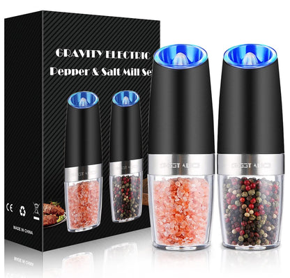 Gravity Electric Pepper and Salt Grinder Set, Adjustable Coarseness, Battery Powered with LED Light, One Hand Automatic Operation, Stainless Steel Black, 2 Pack