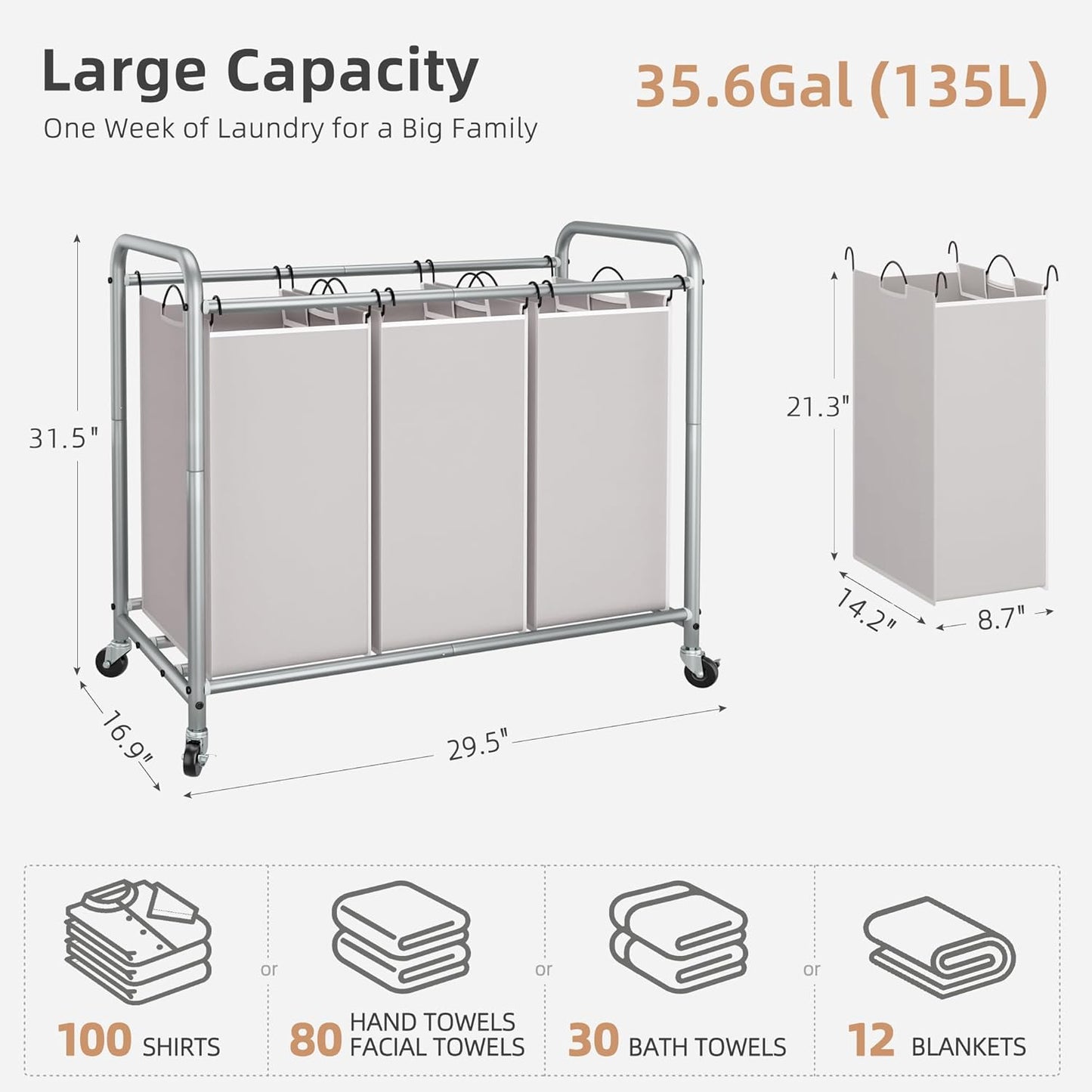 Storage Maniac 3-Section Laundry Sorter - 35.6 Gal Hamper Cart with Lockable Wheels & Removable Bags | Gray