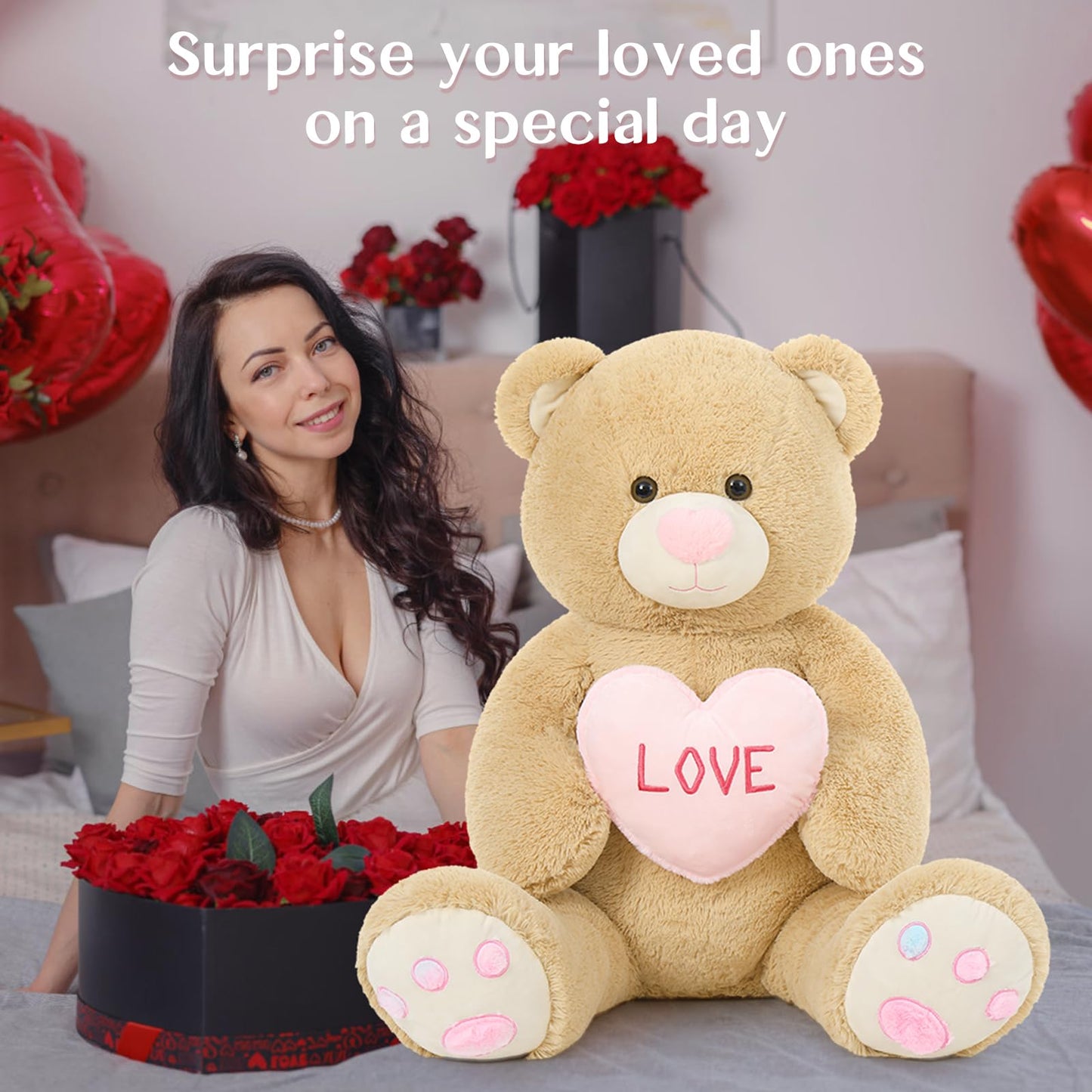 BENINY Giant Teddy Bear Stuffed Animal Plush Toys, 43 inch Big Teddy Bear with Lover Heart, Life-size Valentine Teddy Bear for Girlfriend