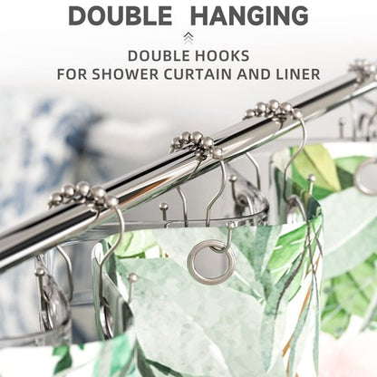 Shower Curtain Hooks Brushed Nickel Shower Curtain Rings Rust Proof, Bathway Balanced Smooth Glide Double Shower Curtain Hooks, Sturdy Shower Hooks for Shower Curtain 12 Pcs Shower Rod Hooks