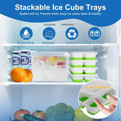 Skiennix Silicone Ice Cube Tray - Easy-Release Stackable Design, BPA-Free, 4 Pack with Lids (56 Cubes)