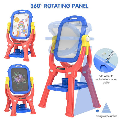 Blue Kids Art Easel for Toddler 3-5, 360° Rotatable Double-Sided Magnetic Chalkboard & Whiteboard