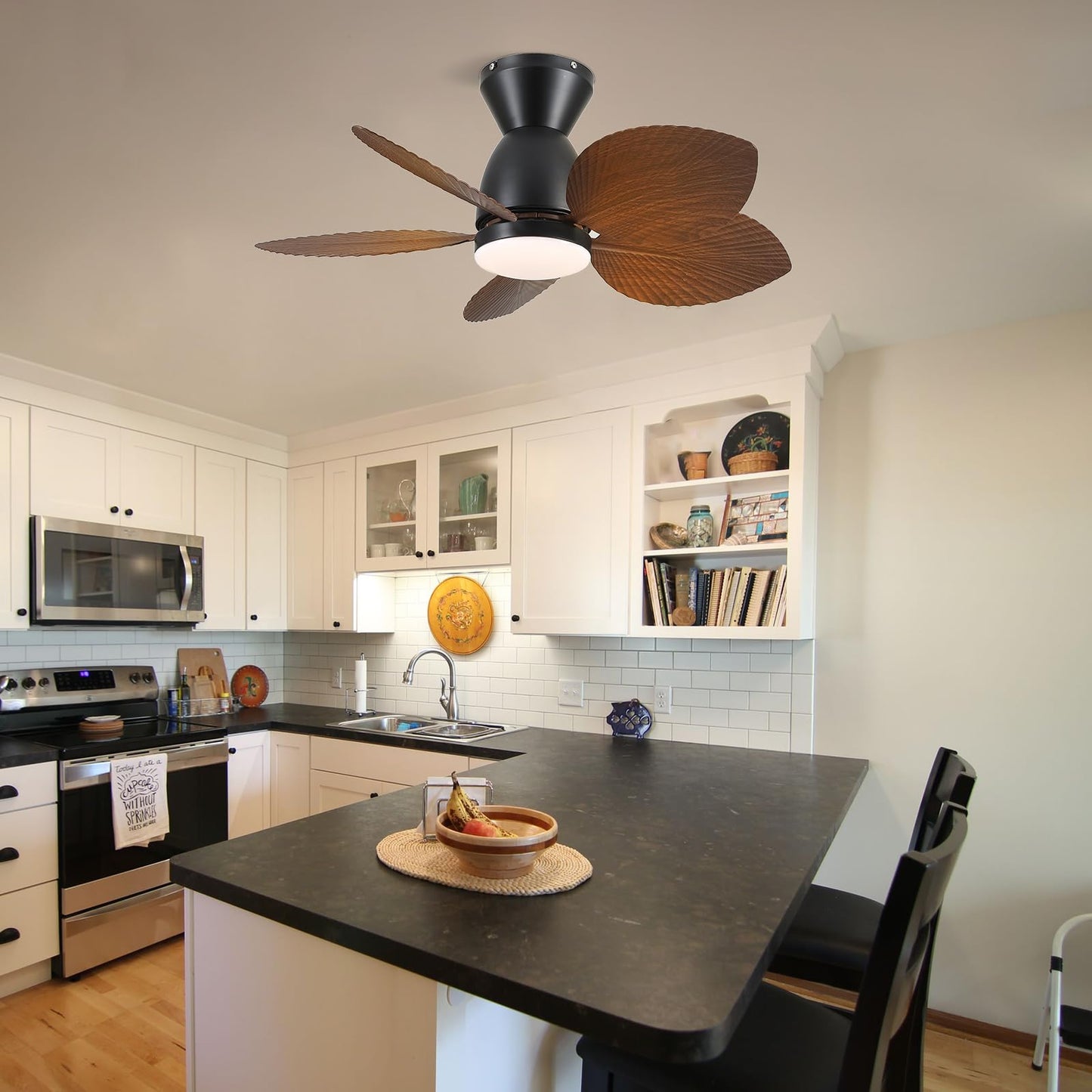 Kviflon Low Profile Ceiling Fans with Lights and Remote/APP Control, 30 Inch Small Tropical Ceiling Fan with Light Flush Mount, Outdoor Palm Leaf Ceiling Fans for Patios Porch, Quiet, Brown