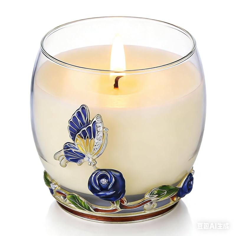 Blue Butterfly Rose Scented Soy Candle – Luxe Glass Jar with Crystal Lid, 60-80 Hr Burn