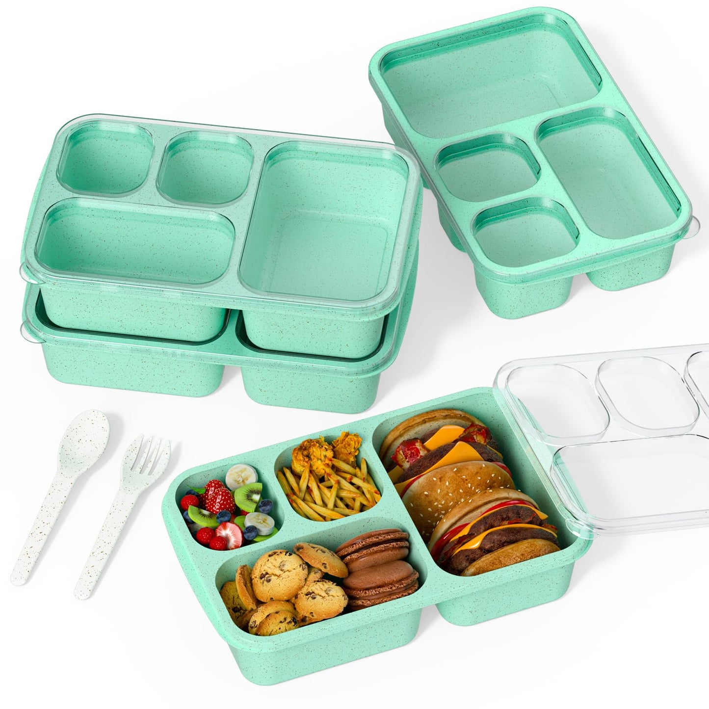 Bento Box for Adults and Snack Containers Set of 4 - Stackable, with 4 Compartments, Microwave & Dishwasher Safe, BPA Free - Reusable Meal Prep Containers for Kids and Adults (Green)