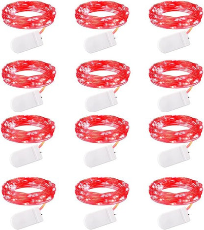 Brightown LED Fairy Lights - Waterproof Red 12-Pack | 7 Feet, 20 LEDs, Battery Operated, Flexible Wire