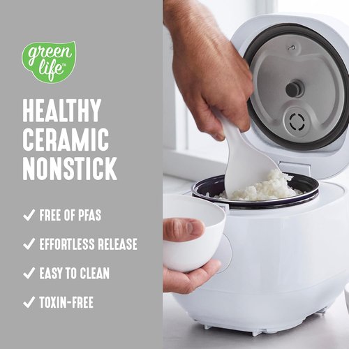 GreenLife Digital Rice Cooker - 2-Cup Capacity, PFAS-Free Nonstick Pot, One-Touch Presets, White