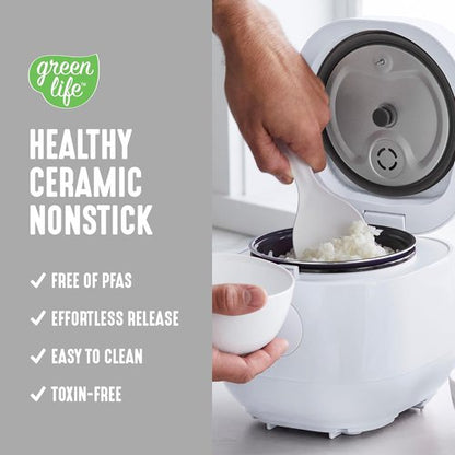 GreenLife Digital Rice Cooker - 2-Cup Capacity, PFAS-Free Nonstick Pot, One-Touch Presets, White
