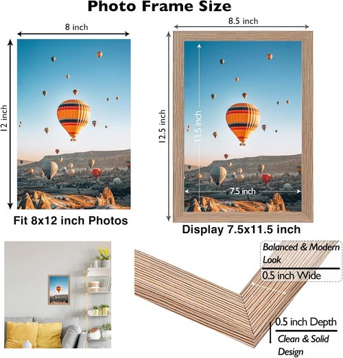 JCJMY 8x12 Picture Frame - Rustic Brown Wall Mount or Tabletop Display with Shatter-Resistant Plexiglass