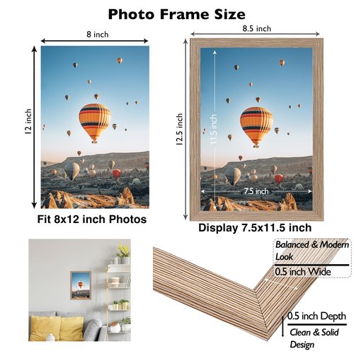 JCJMY 8x12 Picture Frame for Wall Hanging or Tabletop, Wall Mounting Horizontally or Vertically, 8 x 12 Wall Gallery Poster Photo Frame with Shatter Resistant Plexiglass,Rustic Brown