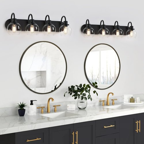 Dpyrrhic Industrial Bathroom Vanity Light， 4-Light Bathroom Lights Over Mirror with Clear Glass Globe Shade and Metal Base, Matte Black Bathroom Vanity Light Fixture