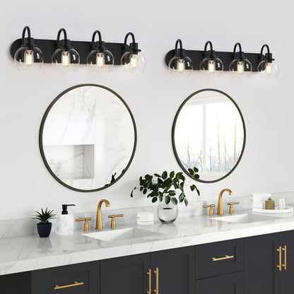 Dpyrrhic Industrial Bathroom Vanity Light， 4-Light Bathroom Lights Over Mirror with Clear Glass Globe Shade and Metal Base, Matte Black Bathroom Vanity Light Fixture