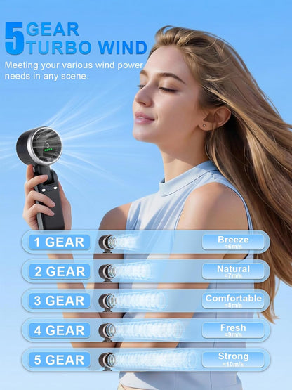 Turbo Fan by Portable Handheld | 5-Speed Battery Operated Cooling Fan | 13-Hour Rechargeable - Black