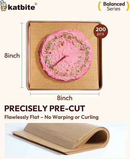 Katbite Parchment Paper - 200 Pcs Unbleached Non-Stick Baking Sheets | 8 x 8 Inch, Oil Resistant & Easy Clean