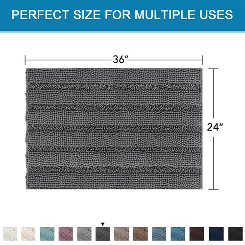 H.VERSAILTEX Bath Mats for Bathroom Non Slip Extra Thick Chenille Striped Bath Rug 24" x 36" Absorbent Non Skid Fluffy Soft Shaggy Rugs Washable Dry Fast Plush Mats for Indoor, Bath Room, Tub - Grey