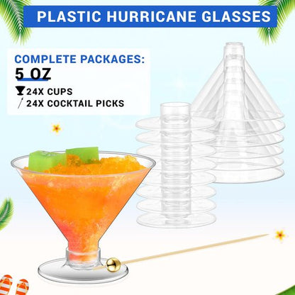 Baderke 24 Pack Plastic Martini Glasses with Gold Pearl Cocktail Picks Disposable Clear Mini Cocktail Cups Dessert Glasses for Wedding Party Wine Appetizers (5 oz)