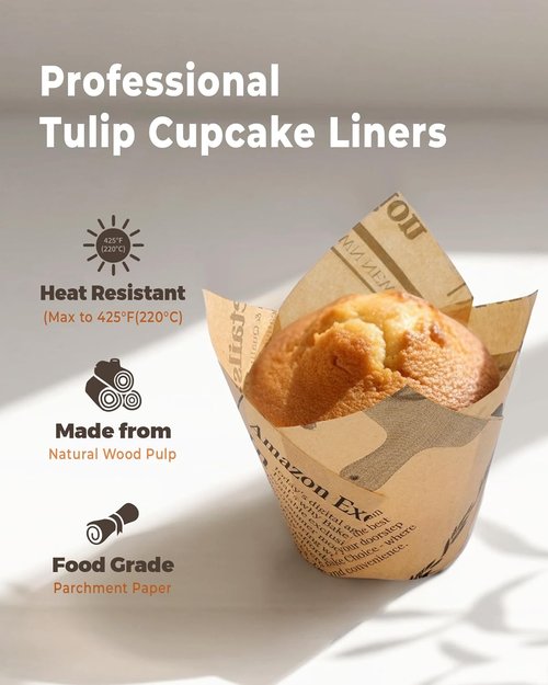 Bake Choice Tulip Cupcake Liners - 200 Pcs Grease Resistant Baking Cups | Newspaper Print Design