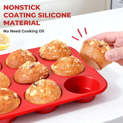 Skiennix Silicone Muffin Pan - 12-Cup Baking Tray with Metal Reinforced Frame | BPA-Free, Dishwasher Safe, Red