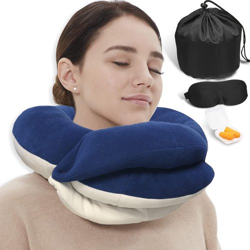 BUYUE Travel Neck Pillow - 360° Head Support for Comfortable Long Flights | Includes Eye Mask, Earplugs & Storage Bag (Navy)