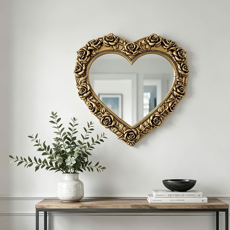 Antique Gold Heart Mirror with Rose Frame – Wall Decor 13 x 12.2 inches