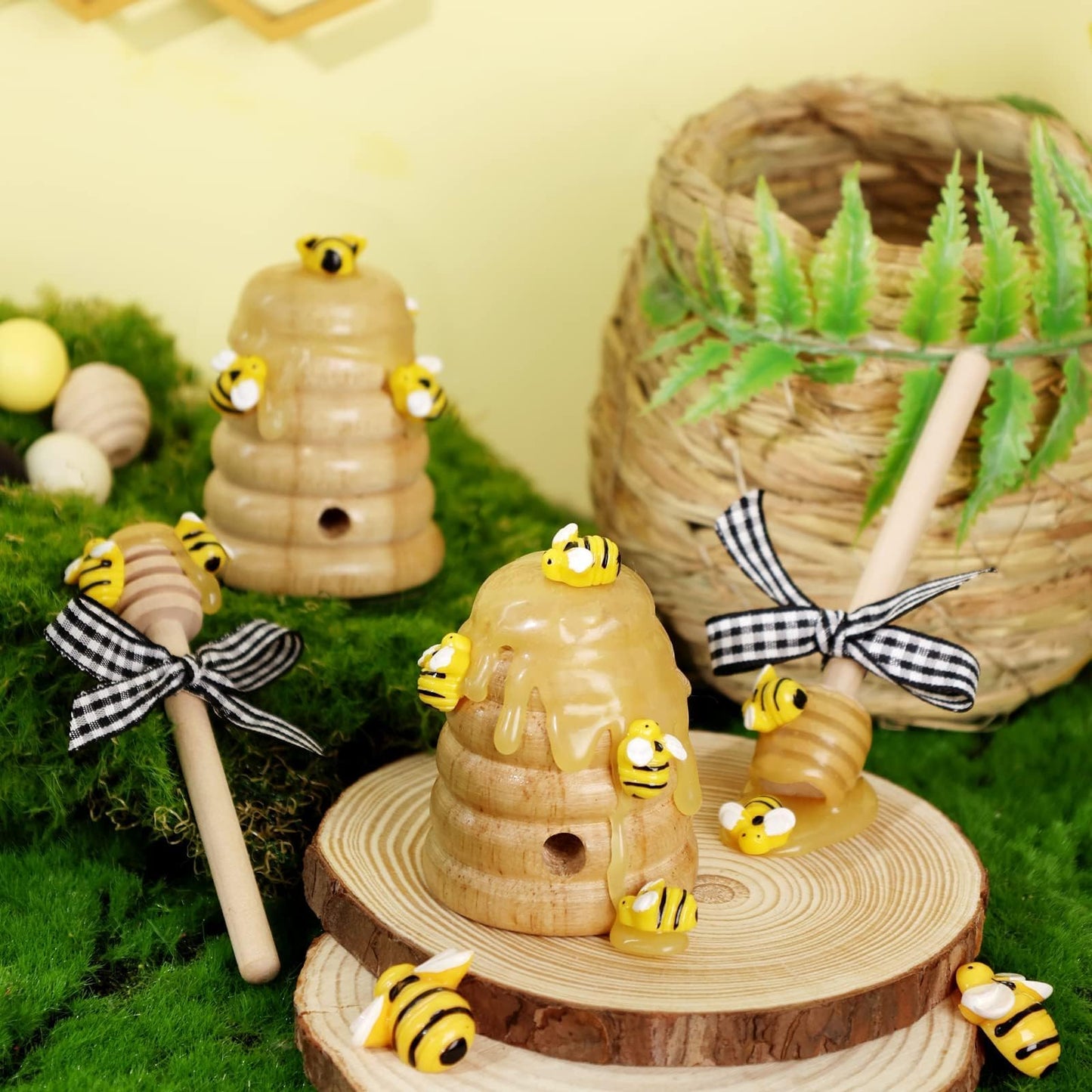 Bee Tiered Tray Decor with Wooden Fake Honey Hive Dippers Bumble Bee Gifts for Women Decorations for Spring Farmhouse Home Kitchen Shelf Rustic Housewarming Display Party Supplies Set of 4