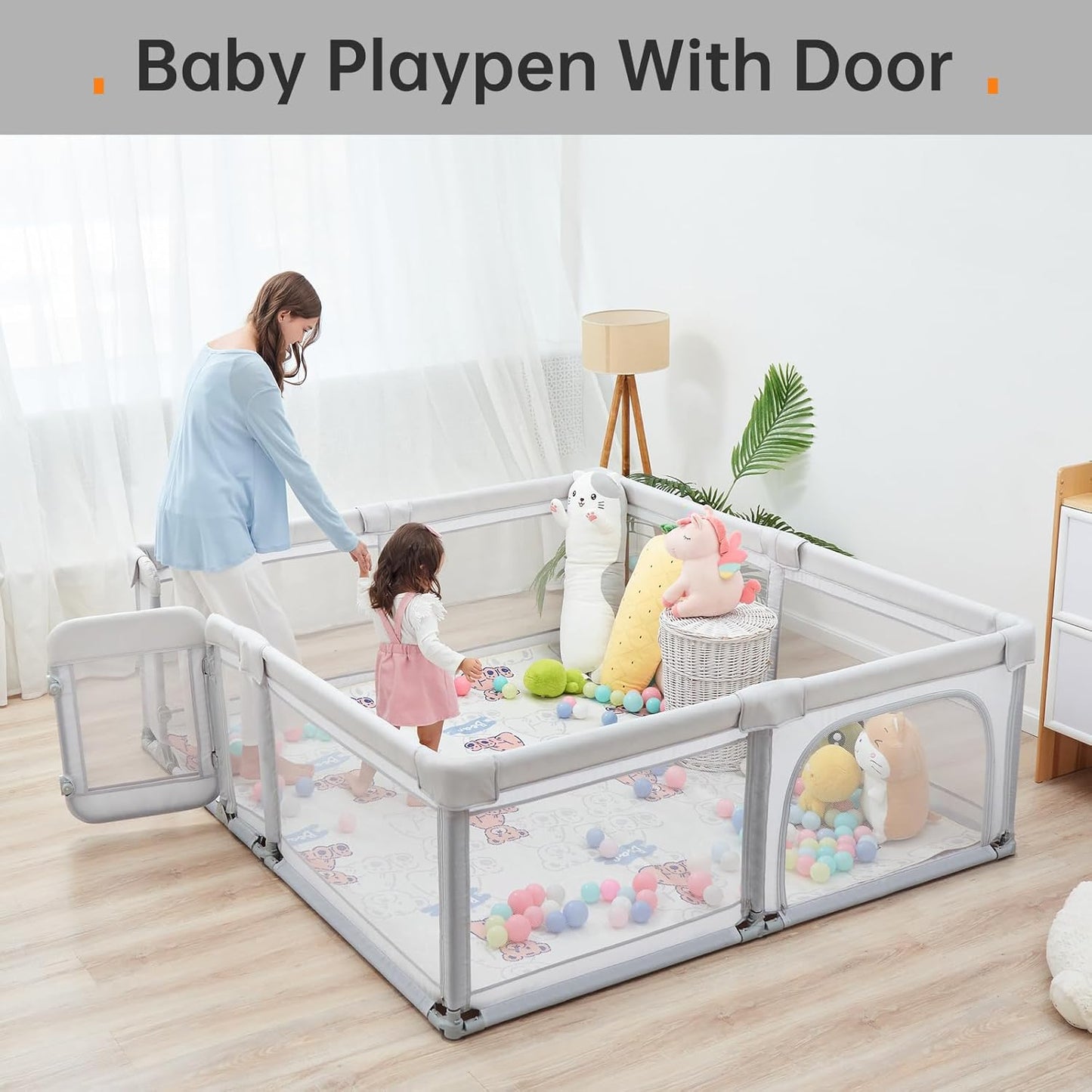 Skiennix Baby Playpen - 71"x71" Foldable Play Area with Gate & Zipper Door | Light Grey