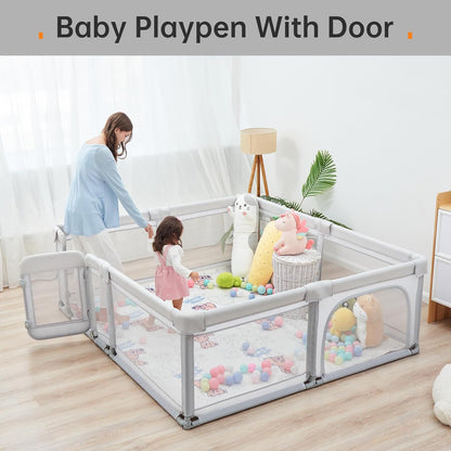 Skiennix Baby Playpen - 71"x71" Foldable Play Area with Gate & Zipper Door | Light Grey