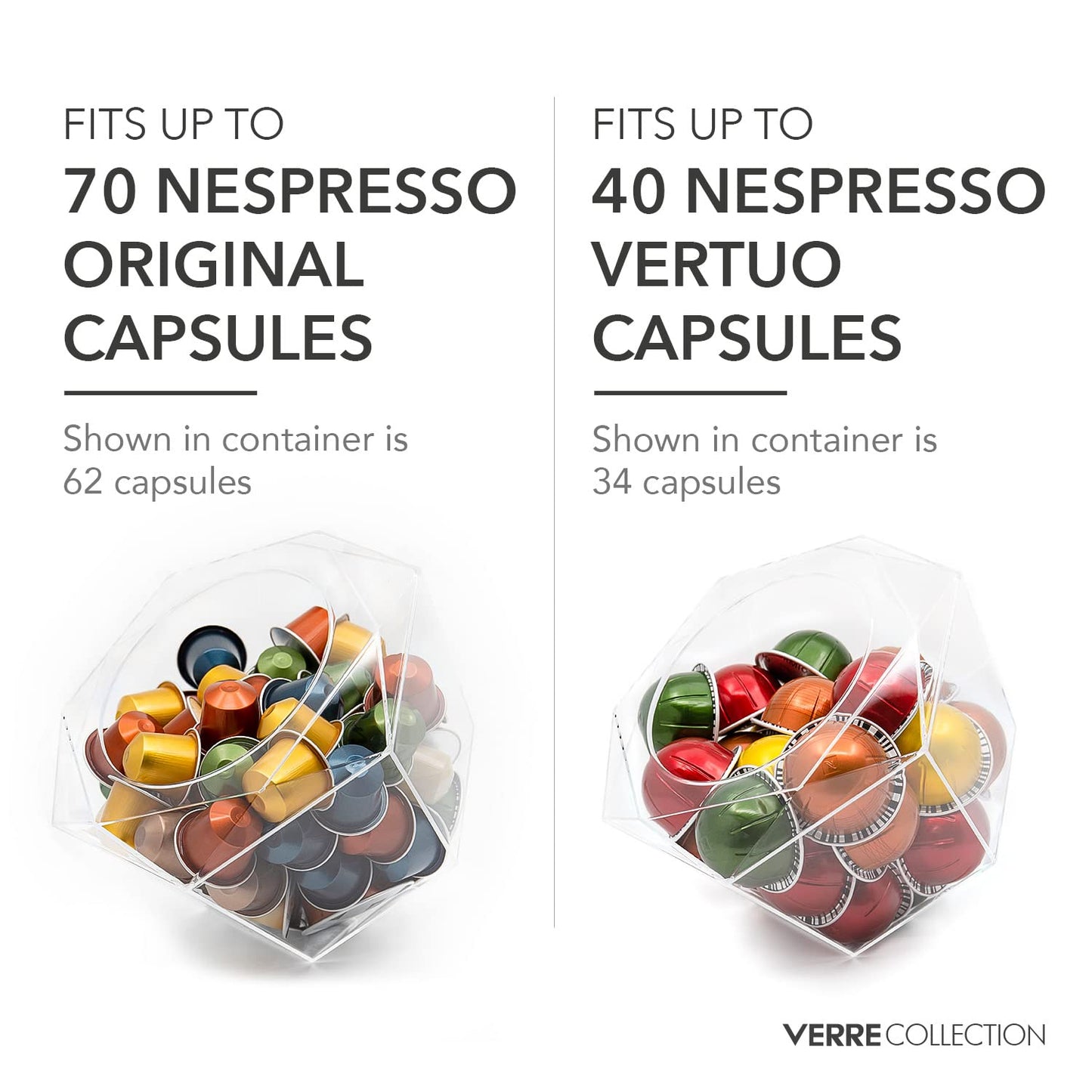 Verre Collection Hexagon Capsule Pod Holder, Compatible for Nespresso Vertuoline, Dolce Gusto, Clear Dispenser, Storage Solution