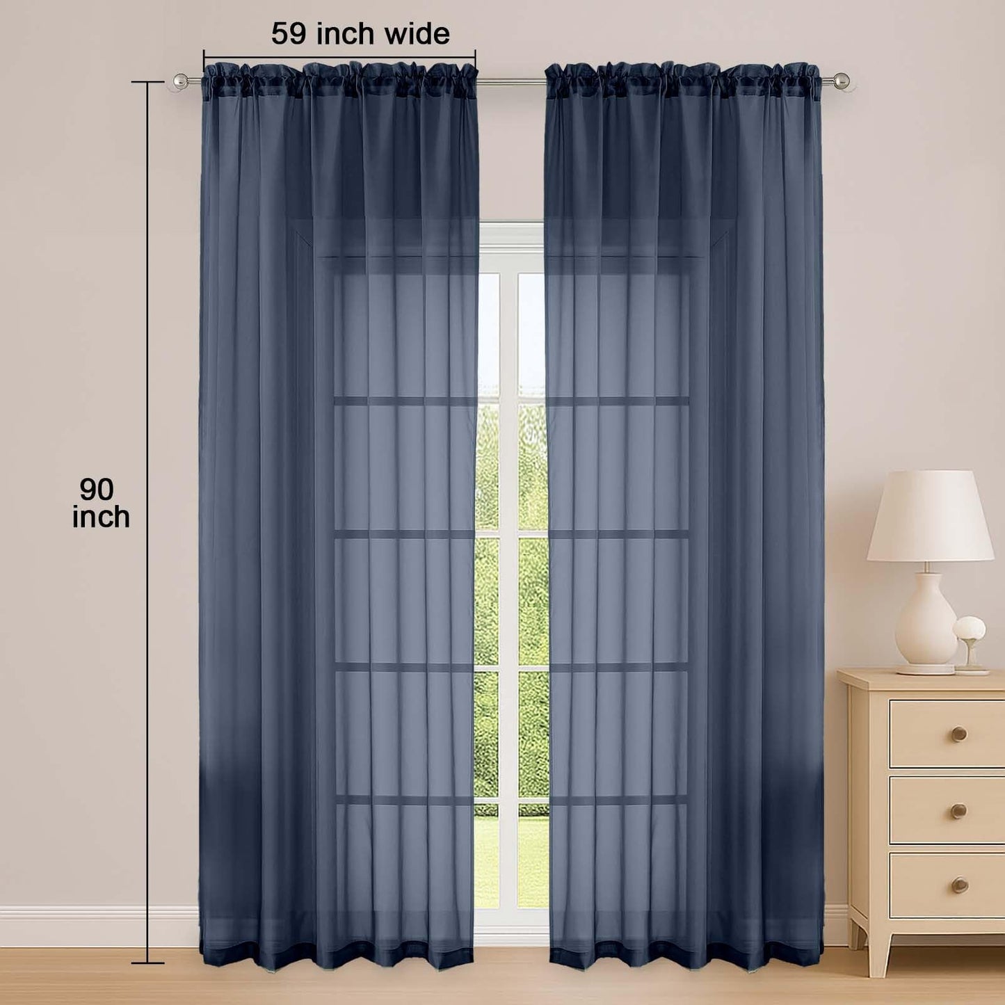 OWENIE Navy Blue Sheer Curtain 90 Inches Long 2 Panels Set, Solid Filmy Drapes for Living Room Bedroom, Elegant Window Voile Sheer Curtain Panels Drapes, 2 Pcs, Each 59" Wx90 L Inch
