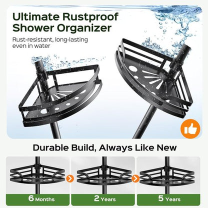 HAMITOR Shower Caddy Tension Pole - Rustproof Adjustable Bathroom Corner Shelf | 47-121 Inches - Black