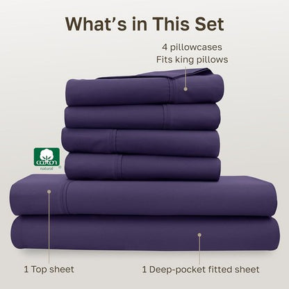 California Design Den King Size Sheet Set - Soft 400 Thread Count 100% Cotton, Deep Pocket | Dark Purple, 6-Pc with 4 Pillowcases