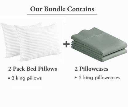 California Design Den 4 Piece Bedding Bundle - Set of 2 Sage Green Pillowcases, 400 Thread Count, 100% Cotton Sateen with 2 Pack Bed Pillows - King