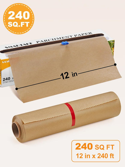 SMARTAKE Parchment Paper Roll - Non-Stick Unbleached Baking Paper, 12" x 240 ft with Slide Cutter
