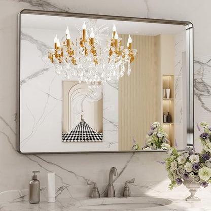 LOAAO Brushed Nickel Bathroom Mirror - 40x24 Inch Rounded Rectangle Design | Anti-Rust, Versatile Hanging Options