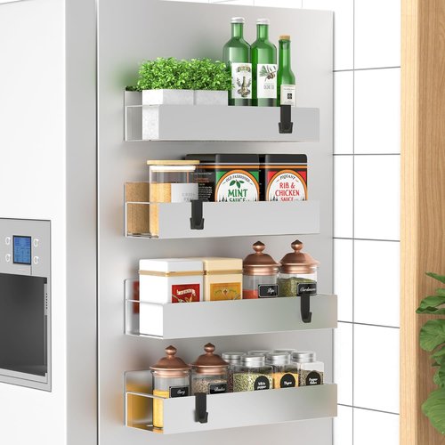 HuggieGems Magnetic Spice Storage Rack - 4 Pack Organizer for Refrigerator & Oven | Silver Finish
