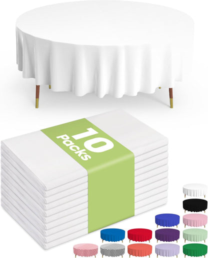 Pureegg Disposable Plastic Table Cloths - 84'' Round, Leakproof & Sturdy for Parties, Picnics, Weddings | 10 Pack, White