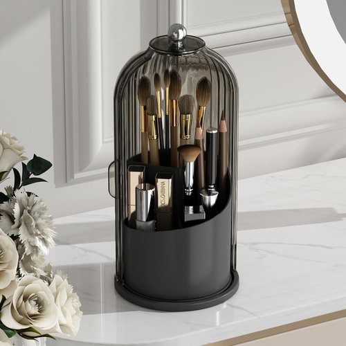 GAXmi Makeup Brush Holder - 360° Rotating Waterproof Organizer for Beauty Brushes | Black-Grey