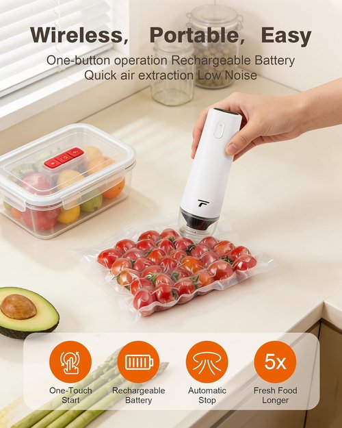 Chef’s Design Vacuum Sealer - Compact Handheld Food Preserver with 30 Reusable Bags | Professional-Grade Pebble