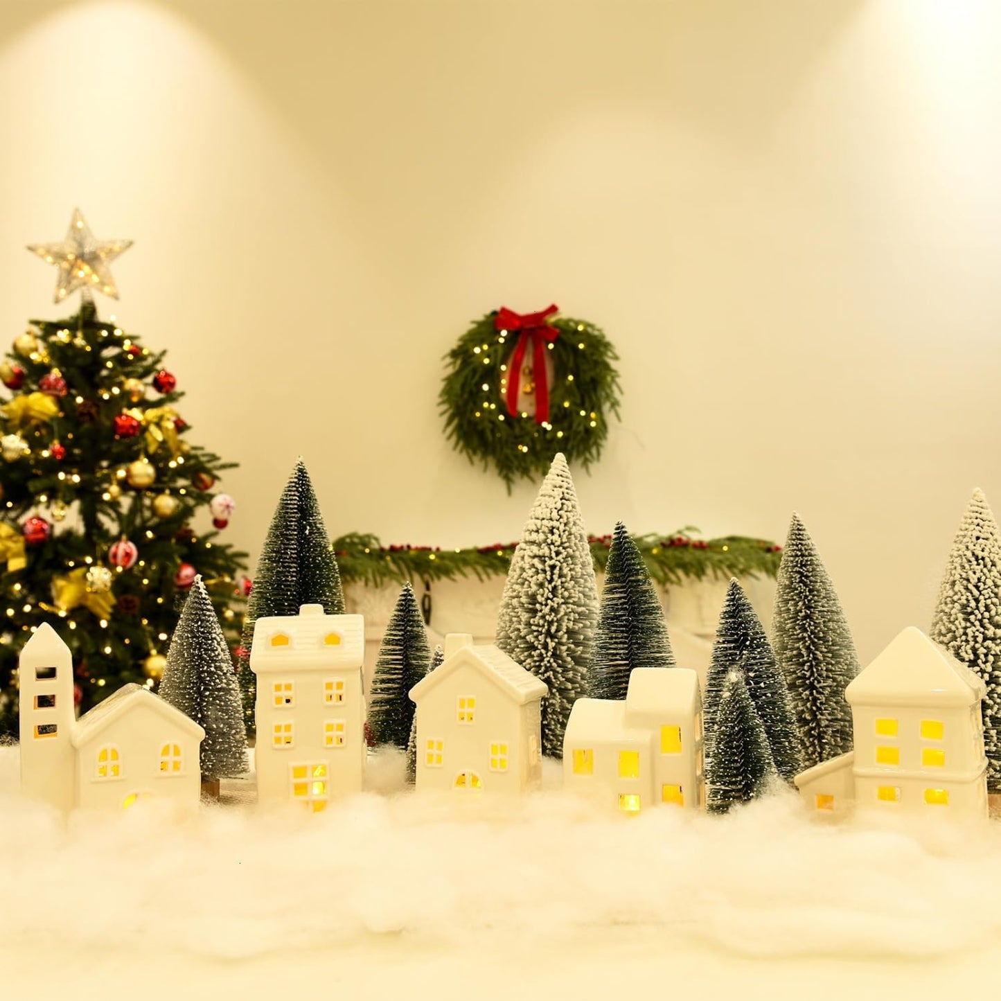 Regine Switzerland Ceramic Christmas Village Houses Set - 5 White Houses, 9 Trees & Fake Snow for Festive Indoor Decor