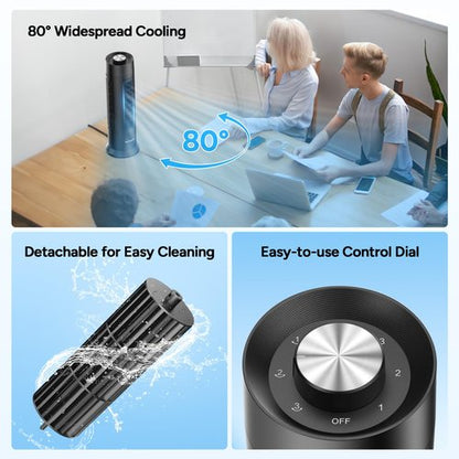DR.PREPARE  Tower Fan, 28 dB Quiet Desk Fan, 3‑Speeds, 80° Oscillation, Detachable Washable Bladeless Design, 16 Inch Portable Table Fan for Room, Home, Office,Black