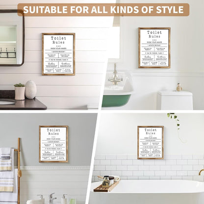 MODE HOME Farmhouse Wall Art - Funny Bathroom Rules Sign with Torched Brown Frame | 14x11 Inch Shabby Chic Decor