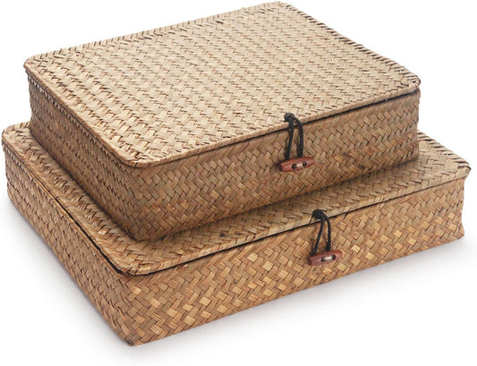 Seagrass Storage Basket Set - Rectangular Woven Bins with Lid for Organizing Snacks & Toys | Natural Finish (Large & Small)