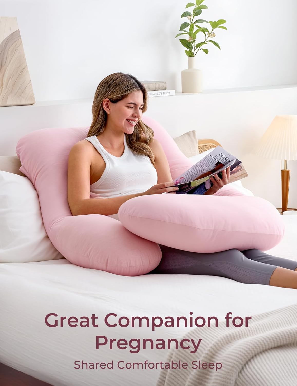 Momcozy U-Shaped Pregnancy Pillow - Full Body Maternity Support for Side Sleeping, 57 Inch, Pink